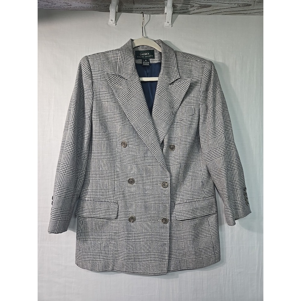 VTG Lauren Ralph Houndstooth Blazer Jacket Women's 8 Dbl Breasted Blue Beige